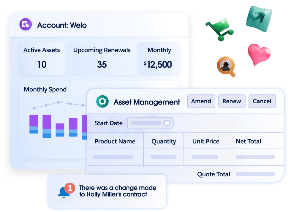 A layered product UI screenshot showing a Customer 360 account dashboard with metrics and a real-time notification alerting a change to a contract.