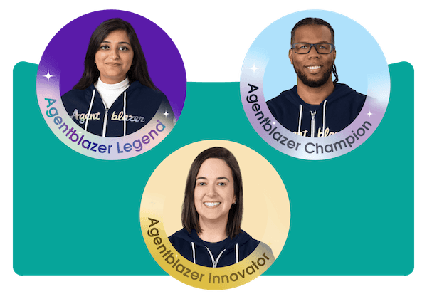 Three individual portraits of Trailblazer in hoodies representing Agentblazer badge levels: Innovator, Champion and Legend